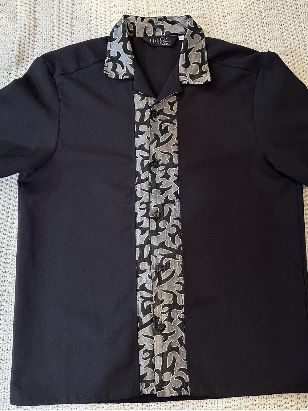 Men’s Black Dress Shirt with Silver Patterned Trim